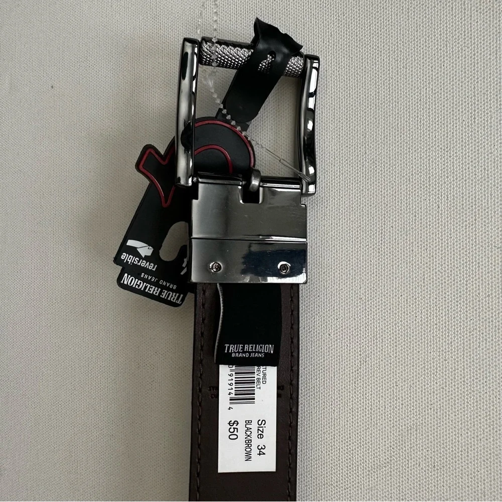 True Religion Black Men’s Reversible Belt with Polished Gunmetal Buckle Size 34